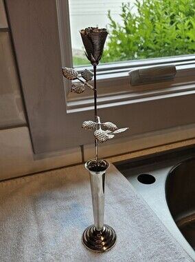 VTG Sleek Mid Century Modern Ted Arnold Metal Desk Rose Flower Vase 10"